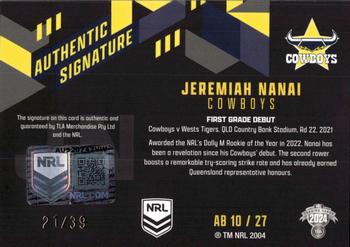2024 NRL Traders Titanium - Authentic Signatures Black #AB10 Jeremiah Nanai Back